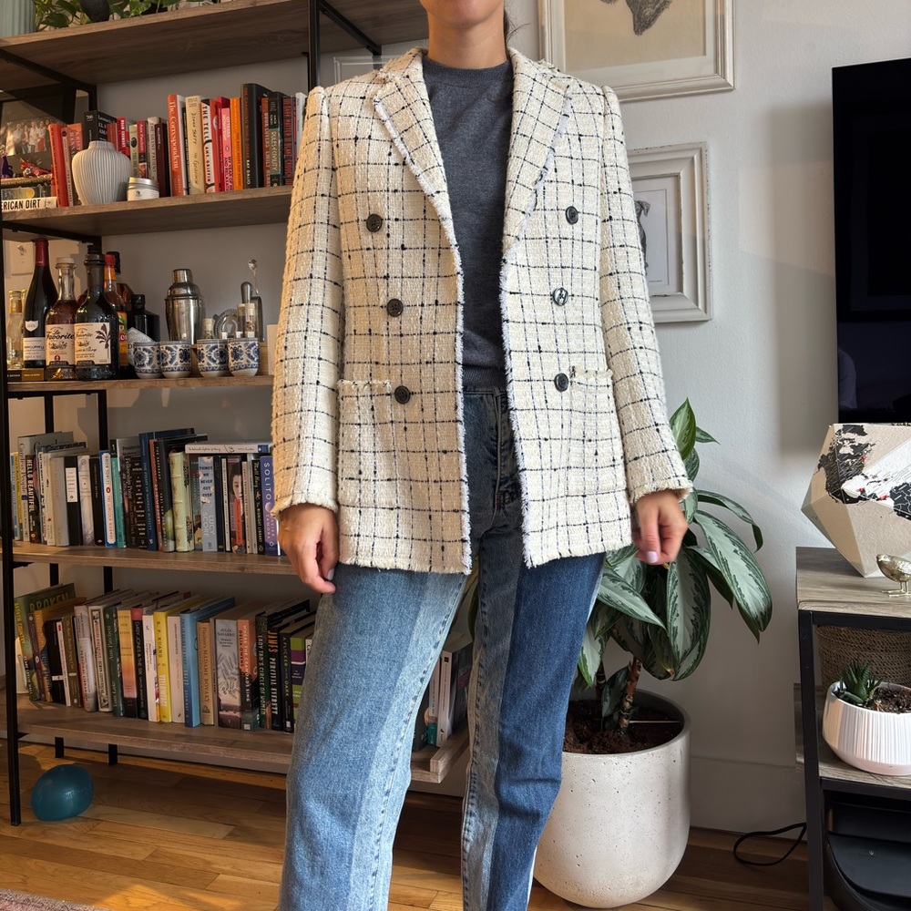 Rebecca Taylor Cream Tweed Double-Breasted Windowpane Blazer - Picture 3 of 3
